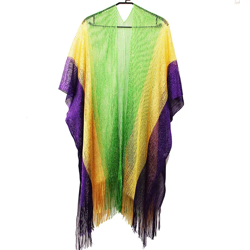 Il nuovissimo carnevale verde dorato con nappine viola Poncho Mardi Gras scialli da donna