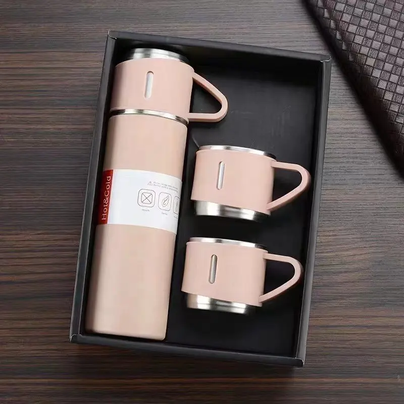 Custom Logo Vaccum Flask and Cups Vacuum Thermos Flask Gift Set with 2 CupsStainless Steel Travel Thermal Mug