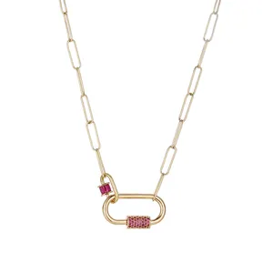 2022 Trendy Fashion Gold Plated Paper Clip Chain Lock Clasp Pendant Chain and Lock Designer Necklaces with Pink Zircon