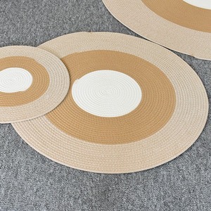 Tapis de sol rond en corde de coton tressée à la main, couleur kaki, avec blocs de couleur, pour salon et chambre, combinaison 3 couleurs, coussin de siège pour baie vitrée - Product Image 1