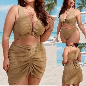 Maillot de bain 3 pièces tricoté pour femme, col licou, avec jupe de plage à cordon de serrage, texture texturée – Grande Vente - Product Image 4