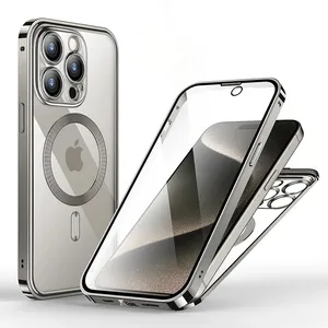 Casing pelindung iPhone, untuk iPhone 15 14 13 Pro Max semua termasuk casing pelindung magnetik keselamatan tanpa kabel pengisian aluminium Aloi casing pelindung