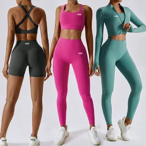 Conjunto de roupas fitness para mulheres com logotipo personalizado, compatível com 4 peças, com zíper completo, para levantamento de bunda e academia, roupa de ioga e treino