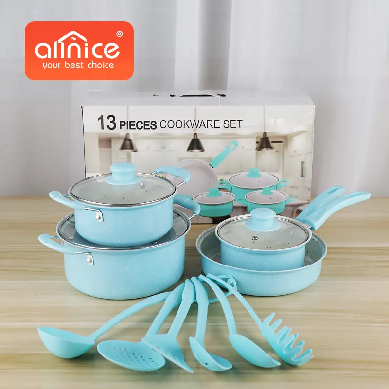 Shopee Hot Sale 13 Pcs Kitchen Pink Blue Pots And Pans Iron Non Stick Cookware Sets