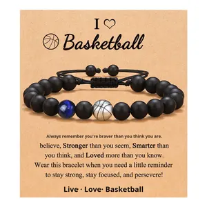 Pulsera con Cuentas de Balón de Fútbol para Regalo de <span class=keywords><strong>Mi</strong></span> <span class=keywords><strong>Hijo</strong></span>, Negro Mate, Rugby, Baloncesto, Béisbol, Piedra de Ojo de Tigre, Moderno - Product Image 6
