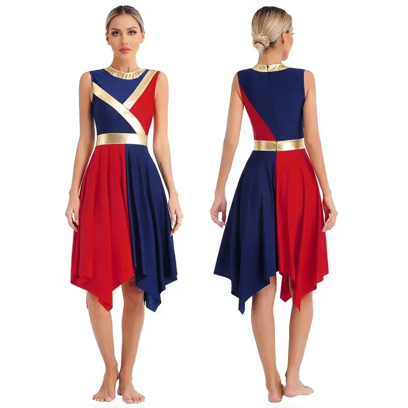 Patchwork de blocs de couleurs métalliques pour femmes personnalisées Robe de danse liturgique Vêtements de danse chrétienne sans manches