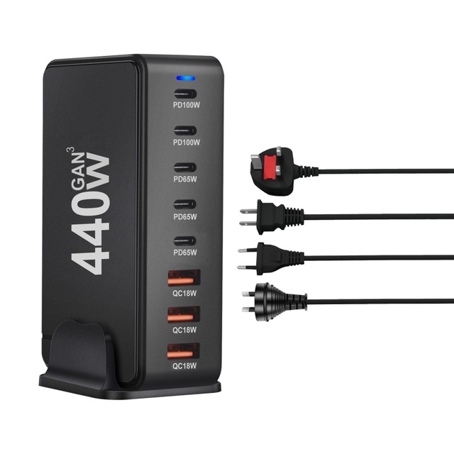 440W GaN Desktop Charging Station 5 USB-C 3 USB-A Ports PD 100W Super Fast Charging OTP Protection 360 Rotation Laptops Phones