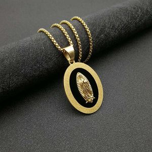 Collier pendentif ovale en acier inoxydable Yunnique, chaîne dorée 3 mm 60 cm, serti clos, icône religieuse, bijoux de mode - Product Image 3
