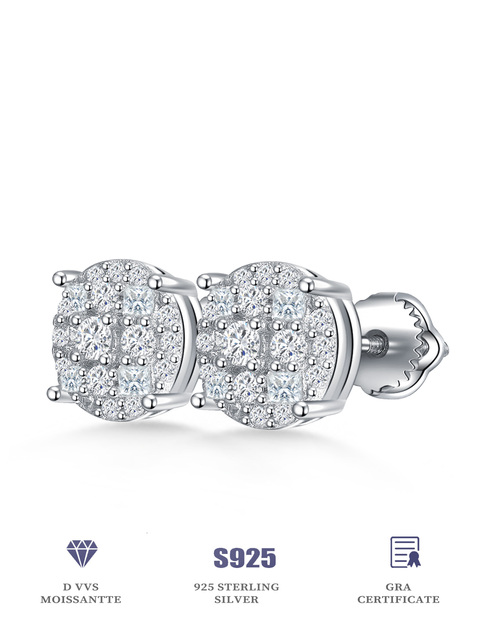 D Color VVS Moissanite Lab Diamond 925 Sterling Silver Fine Stud Earrings Iced Out Vintage Style for Men and Women
