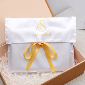 Custom Logo <b>White</b> Satin <b>Envelope</b> Silk Bag with Bow Wigs Hair Extensions Packaging for Jewelry Shoe Pouch Clothes Flap Dust Bag - Product Image 1