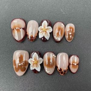 <span class=keywords><strong>Uñas</strong></span> Postizas Hechas a Mano de Alta Calidad al por Mayor, Forma de Almendra, Estilo Tallado en <span class=keywords><strong>Color</strong></span> Café, Reutilizables, Éxito de Ventas de Verano - Product Image 1