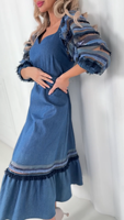 Robe Midi en Jean Bleu Personnalisée pour Femme, Col Cœur, Manches 3/4 à Franges et Paillettes, Ceinturée, pour Soirée ou Tenue Décontractée – Fabrication OEM/ODM Directe Usine