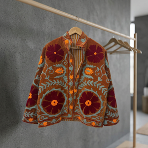 Veste Courte Décontractée en Velours Rustique Brodé de Fil Épais pour Femme, Col Montant Ouvert, Fabrication OEM Suzani – Vente en Gros Usine - Product Image 1