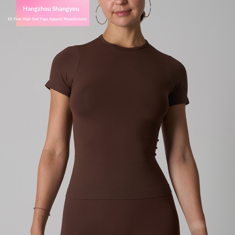 2026 Soft Seamless for High-Elasticity Round Neck Solid Sports Yoga Running Short Sleeve T-Shirt Top for Women