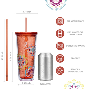 Vaso de acero inoxidable sin BPA ecológico de construcción de plástico duradero con pajita de medallón - Product Image 2