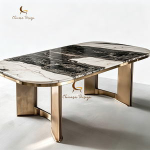 Table à manger ovale en marbre poli avec plateau brillant, cadre en métal doré, pieds courbés, spacieuse, pour plusieurs personnes, pour la maison - Product Image 3