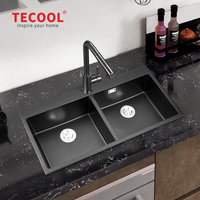 Évier de cuisine rectangulaire double en granit noir de haute qualité avec installation sous plan et surface polie