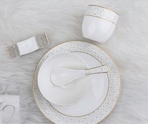 Modern Luxury Bone China Dinnerware Set with Geometric Pattern Round Plates & <b>Bowls</b> Hand Gold Rim 7-9 Users Dishwasher Safe - Product Image 1