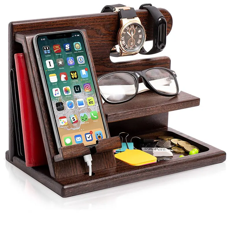 Wooden Docking Station And Nightstand Organizer Foldable Wood Phone Stand Holder