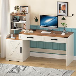 Bureau d'ordinateur en bois blanc SENYU avec étagère, 2 tiroirs de rangement, bureau spacieux, table de bureau à domicile - Product Image 1