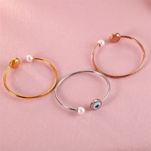 Trendy Designers <b>Silver</b> Gold Plated Open <b>Cuff</b> Stainless Steel Pearl Evil-Eye <b>Bracelet</b> - Product Image 4