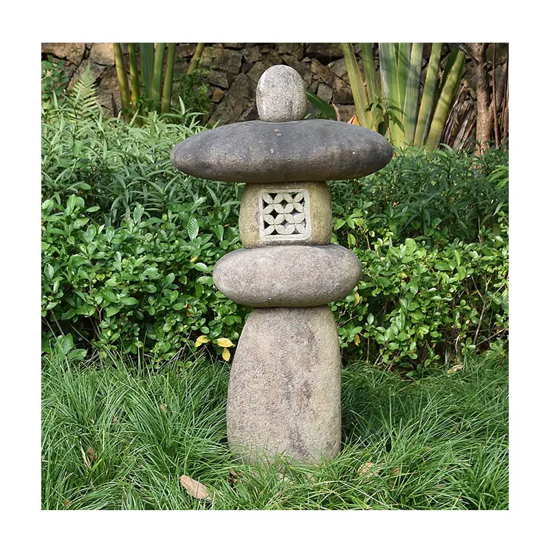 River Stone Japanese lantern Bird Bath Garden Decor patio cobble block stone carved pagoda sculpture outdoor