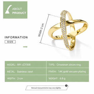 Anillo Cruzado X de Acero Inoxidable con Baño de Oro de 14K, Banda Calada con Doble Hilera de Circonitas Transparentes y Arco Liso - Product Image 3