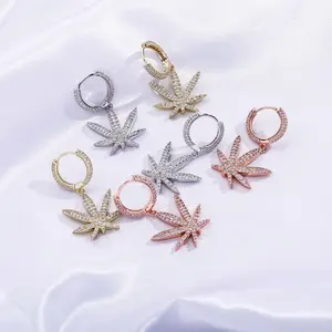 New Minimalist Maple Leaf Bông Tai Ice Cubic Zirconia Bông Tai Trang Sức Hip Hop Trang Sức Thời Trang Phụ Nữ Cô Gái Bling Drop Bông Tai