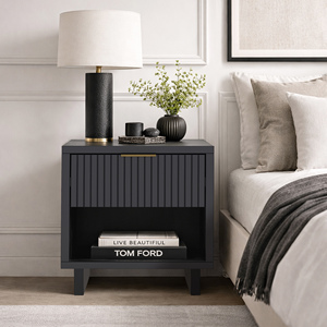 Nightstand In Charcoal Gray With Vertical Panel Design And <b>Open</b> Shelf <b>Storage</b> For Bedroom Use - Product Image 4