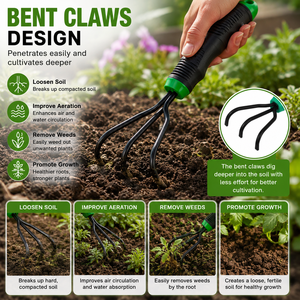 Outil de décompactage du sol en fil métallique avec finition époxy noire, cultivateur courbé avec griffes courbées, cultivateur manuel - Product Image 4
