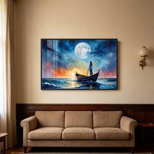 Décoration murale moderne abstraite en cristal, peinture murale représentant une jeune fille de l'océan au clair de lune et un bateau de pêche, avec cadre, tailles personnalisées disponibles - Product Image 1