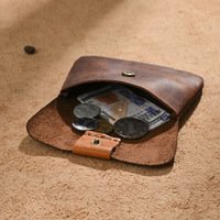 Dompet Koin Mini Kulit Crazy Horse Vintage Organizer Ringkas Ultra-tipis Jahitan Tangan Penutup Terbuka Unisex untuk Penggunaan Sehari-hari