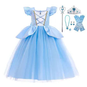 Venta al por mayor de fantasía princesa Cosplay tutú vestido de princesa azul Disfraces para Niñas reina juego de rol