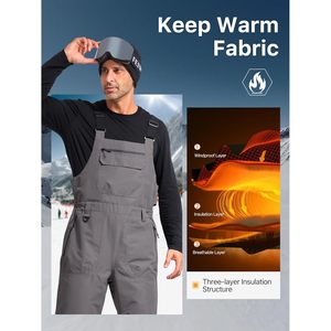 FOXA Mens Snow Bib <b>Ski</b> Pants Gray Medium Waterproof Windproof Insulated Softshell Overalls - Product Image 4