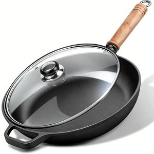 Poêle en fonte pré-assaisonnée avec couvercle et poignée en bois amovible - Poêle antiadhésive ultime <span class=keywords><strong>pour</strong></span> cuisinière, four, grill et feu de camp - Product Image 1