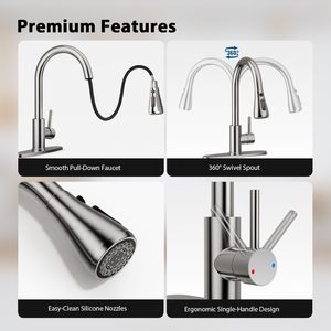 Robinetterie <span class=keywords><strong>de</strong></span> cuisine Kinglions avec douchette extractible, <span class=keywords><strong>robinet</strong></span> monocommande en acier inoxydable à arc haute, 1 ou 3 trous, finition nickel brossé - Product Image 6