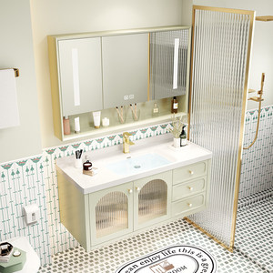 French-style Cream-Finish Ceramic One-Piece Basin with Smart Mirror and Oak <b>Bathroom</b> <b>Vanity</b> - Product Image 3
