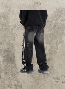 Street Style Men Vintage Heavy Distress Wash Black Baggy Jeans Side Striped 100% Cotton Jeans para hombres Stripe Jeans - Product Image 4