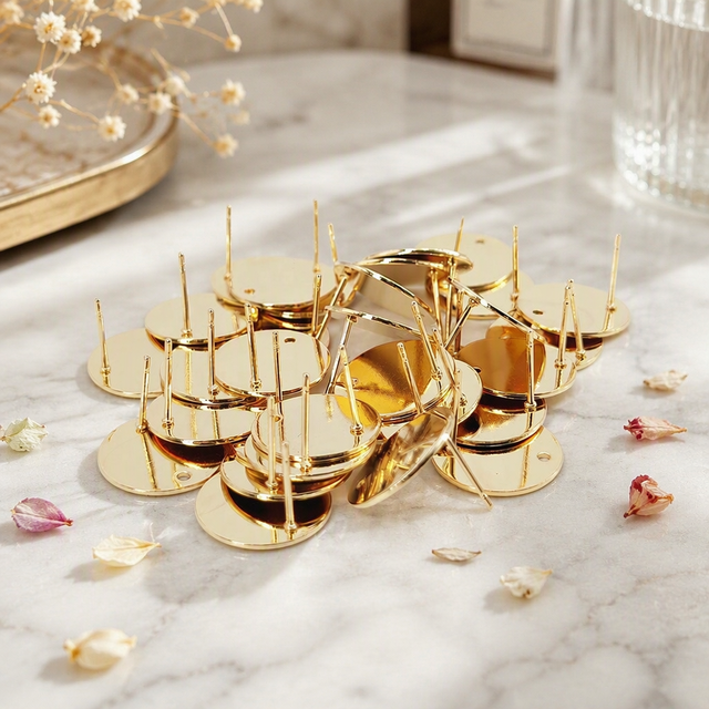 18K Gold Plated Stainless Steel Earring Posts Round Flat Pad Stud Findings With Loop for Jewelry Making