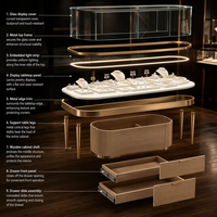 Comptoir de présentation de bijoux de luxe moderne avec éclairage LED, cadre en métal doré, vitrine en verre et tiroir de rangement pour bijouterie, magasin de détail, centre commercial