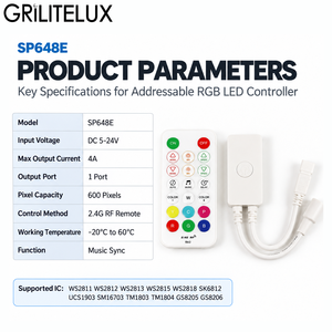 Controlador LED de Píxeles por RF SP648E DC5-24V 4A Salida 600 Píxeles Capacidad Sincronización Música Multi IC WS2811 SK6812 para Tira LED - Product Image 2
