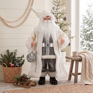 Cream Coat Grey Velvet Santa Claus Figurine with Silver Bauble for Nordic Boutique <b>Xmas</b> Display - Product Image 1