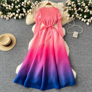 Nuevo Vestido Casual <span class=keywords><strong>de</strong></span> Moda con Pliegues Degradados y Estampado Floral, Talla Grande, Cintura Elástica, Vestido Largo Elegante con Pliegues - Product Image 3