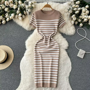 Vestido de punto de playa a rayas de verano cuello redondo manga corta Chic Hotsweet Slim Sundress Streetwear Y2K Bodycon Midi Dress - Product Image 6