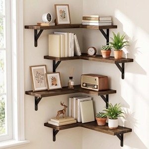 L Shaped <b>Wall</b> <b>Shelf</b> Wood And Iron Corner Bookshelf For Living Room <b>Storage</b> Display Rack - Product Image 1