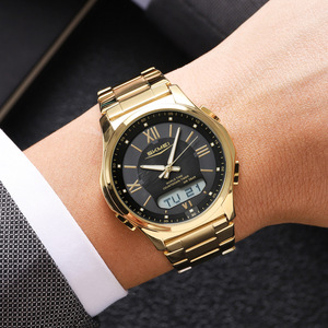 Ekmei Men's Digital Watch Stainless Steel Band Dual Display World Time Countdown 5Bar Waterproof Gold Color - Product Image 1