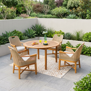 Modern Durable Outdoor <b>Patio</b> Dining Set <b>Round</b> Teak Wood <b>Table</b> & Beige Wicker Rattan Chairs for Hotel & Villa Use - Product Image 3