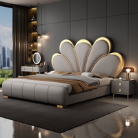 Italienisches Luxuriöses Graues Lederbett-Set, Langlebiges Weiches 1,8M 1,5M Kingsize-Bettgestell, Holzdesign Hotelbett mit Stauraum für Zuhause