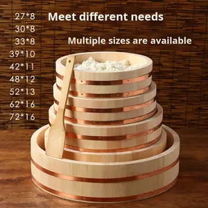 ถังข้าวญี่ปุ่น-เกาหลีแบบผสมผสานของโรงแรมนิวเวลล์ ถังซูชิไม้สนสีขาวทรงกลมแบบมีฝาปิด - Product Image 3