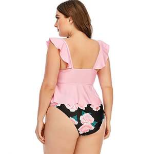 Traje de Baño de Dos Piezas K1400, Control de Abdomen, Talla Grande, Tankini, Bikini Floral, Color Rosa Personalizado, Traje de Baño para Mujer - Product Image 3